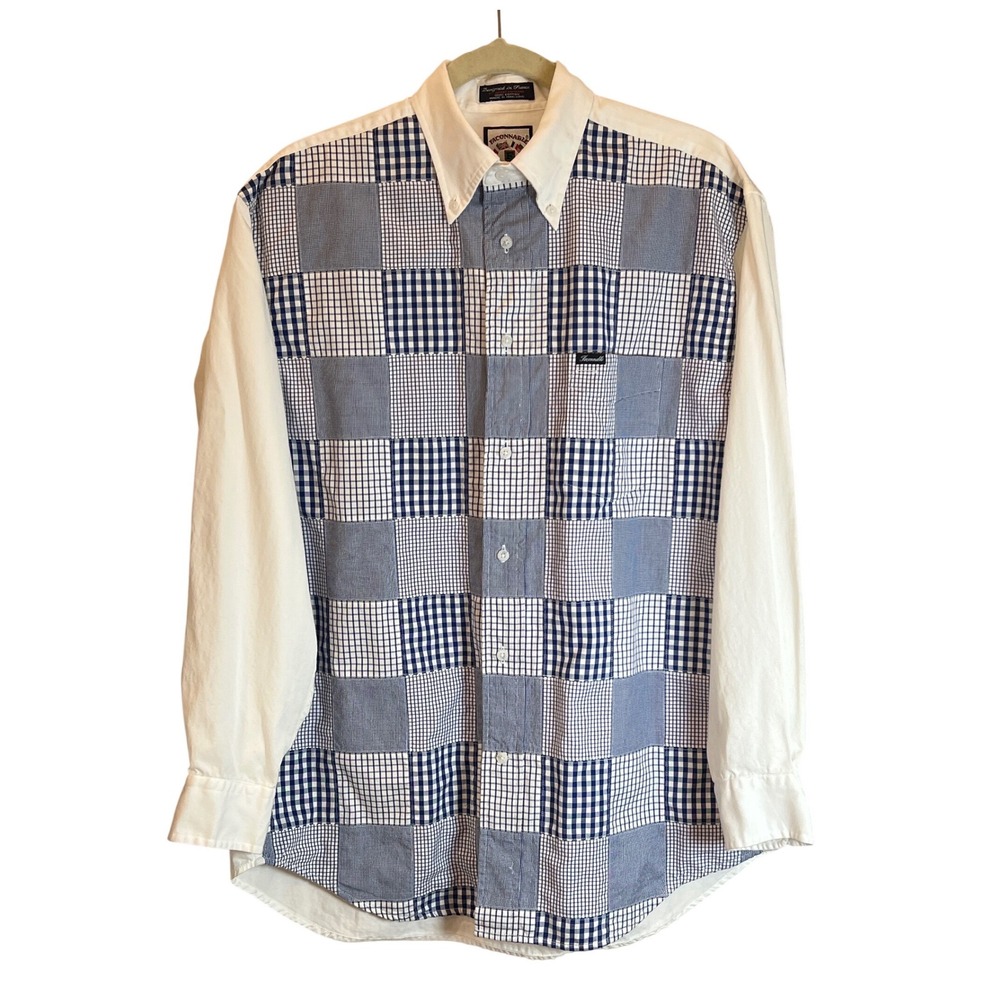 Faconnable Vintage Mens Patchwork Gingham‎ Button Down Shirt Blue White  M
